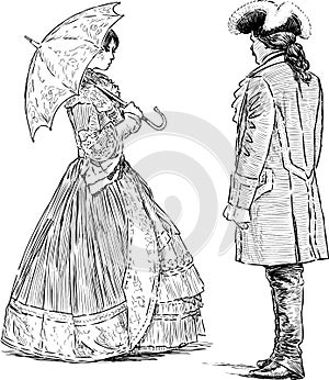 Sketches of lady and gentlemen in luxury historical costumes standing and talking