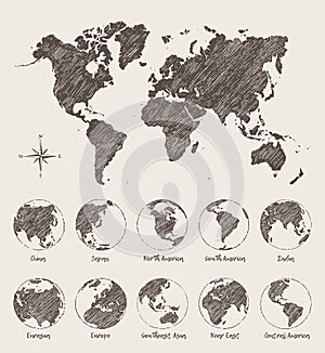 Sketches map world land globe Vector Illustration