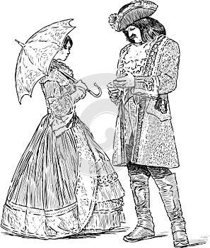 Sketches of noble couple in luxury historical costumes standing and talking