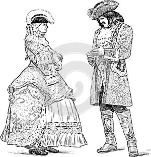 Sketches of noble people in luxury costumes standing and talking