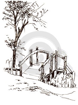 Sketches of old wooden bridge. Drawing with pencil