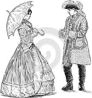 Sketches of people couple in luxury clothing of 18th century standing and talking