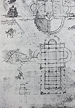 Sketches of people, cross, church, mechanism. Manuscripts of Leonardo da Vinci. Code B Folio 52 recto in the vintage book Leonardo