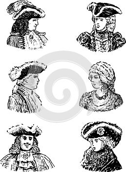 Sketches of portraits noble people in historical theatrical costumes of the 18th century