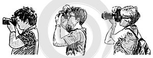 Sketches of profile different people taking photo on camera,vector hand drawings isolated on white