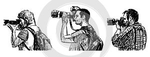 Sketches of profiles different men taking photo on camera,vector hand drawing isolated on white