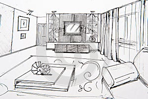 Sketches sketch in pencil interior sketches, bedroom, living room, kitchen.