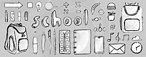 Sketches of stationery and school items in doodle style. Gray grunge texture