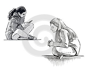 Sketches of teen girls sitting on park bench for a rest