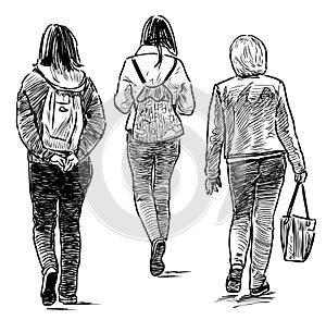 Sketches of various casual towns women walking outdoors