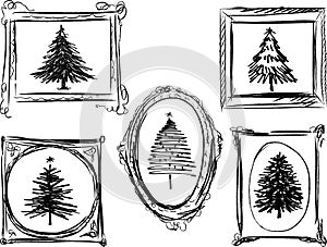 Sketches of various christmas trees in picture frames