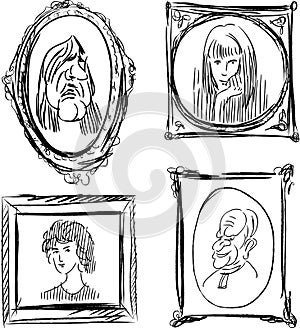 Sketches of various portraits people in picture frames photo