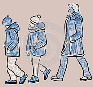 Sketches of woman and her kids walking outdoors photo