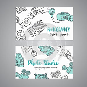 Sketchy bussines card for photographer. hand drawn doodle cartoon retro photo cameras, vector illustration