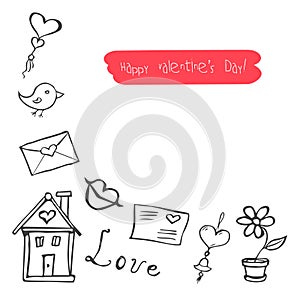 Sketchy cute love signs doodles, vector illustration