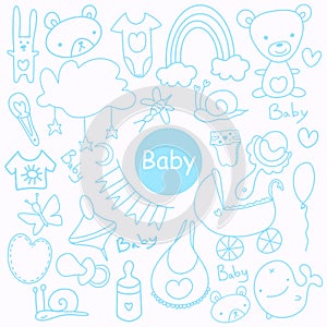 Sketchy hand drawn Doodle cartoon set of objects and symbols on the baby theme. Hand Made Design Vector New Born.