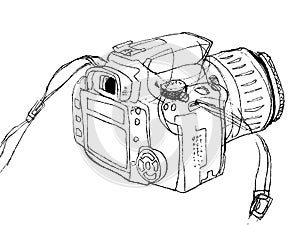 A sketchy image of the camera, a linear drawing. Vector black and white image. It can be useful for packaging, branded products, p