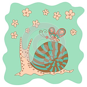 Sketchy little pink funny snail with flowers and butterfly