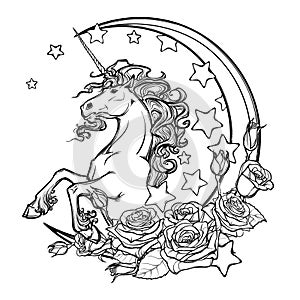 Sketchy unicorn with crescent stars and roses greeting card