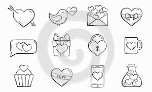 Sketchy valentines icon set. love, heart and romantic symbols. hand drawn elements for valentine`s day design