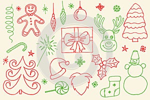 Sketchy vector hand drawn Doodle cartoon set of objects and symbols on the Merry Christmas