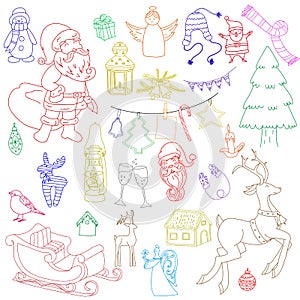 Sketchy vector hand drawn Doodle cartoon set of objects and symbols on the New Year and Christmas theme