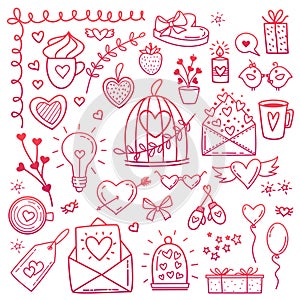 Sketchy vector hand drawn doodles cartoon set of Love and Valentine s Day objects and symbols