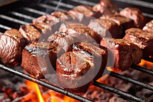 skewered lamb cubes with grill sear marks close-up