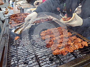 Skewered Meat, Grilled Meat Served On A Pita