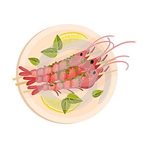 Skewered Prawns Rested on Plate with Greenery and Lemon Garnish Top View Vector Illustration