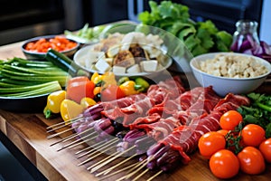 skewered vegetables and meats ready for churrasco bbq