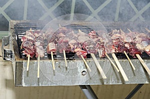 Skewers of meat on the grill