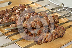 Skewers on skewers close-up, fried meat