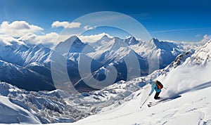 Ski action. skier active sport in winter landscape. good skiing in the snowy mountains, Skiing downhill in high