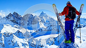 Ski with amazing view of swiss famous mountains in beautiful win