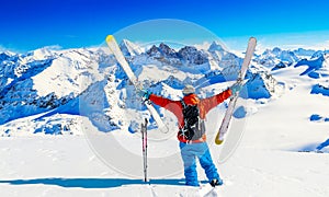 Ski with amazing view of swiss famous mountains in beautiful winter snow Mt Fort. The skituring, backcountry skiing in fresh