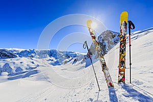 Ski with amazing view of 3 valeys famous mountains in beautiful photo