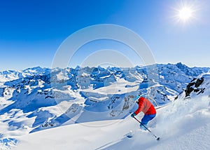 Ski area with amazing view of swiss famous mountains in beautiful winter snow Mt Fort. The matterhorn and the Dent d`Herens. In