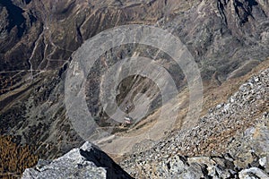 Ski area in Kurzras Maso Corto - view from above with cable car. photo