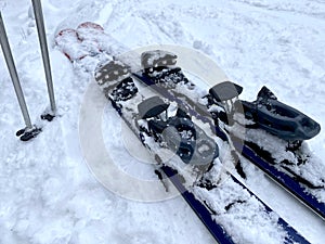 Ski bindings close up.