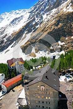 Ski camp view of mountains in the Elbrus area.