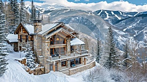 Ski Chalet Home in winter the edge of mountain .