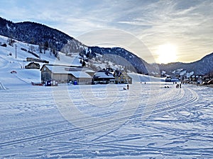 Ski and cross-country ski trails in the Thur river valley and in the Swiss alpine region Obertoggenburg, Alt St. Johann