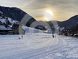 Ski and cross-country ski trails in the Thur river valley and in the Swiss alpine region Obertoggenburg, Alt St. Johann