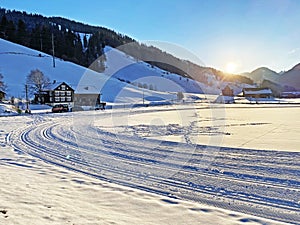 Ski and cross-country ski trails in the Thur river valley and in the Swiss alpine region Obertoggenburg, Unterwasser