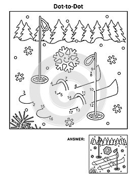 Ski dot-to-dot picture puzzle and coloring page activity sheet