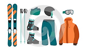 Ski equipment kit clothes vector illustration. Extreme winter sport. Set skis and ski poles. vacation, activity or travel