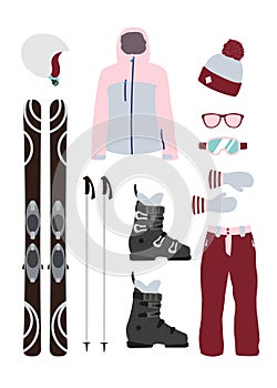 Ski equipment kit clothes vector illustration on transparent background. Extreme winter sport. Set skis and ski poles