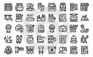 Ski equipment rental icons set outline vector. Winter travel