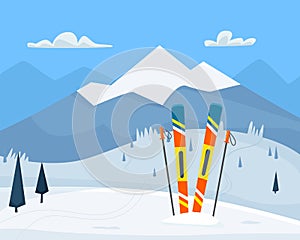 Ski equipment on resort. Flat cartoon style